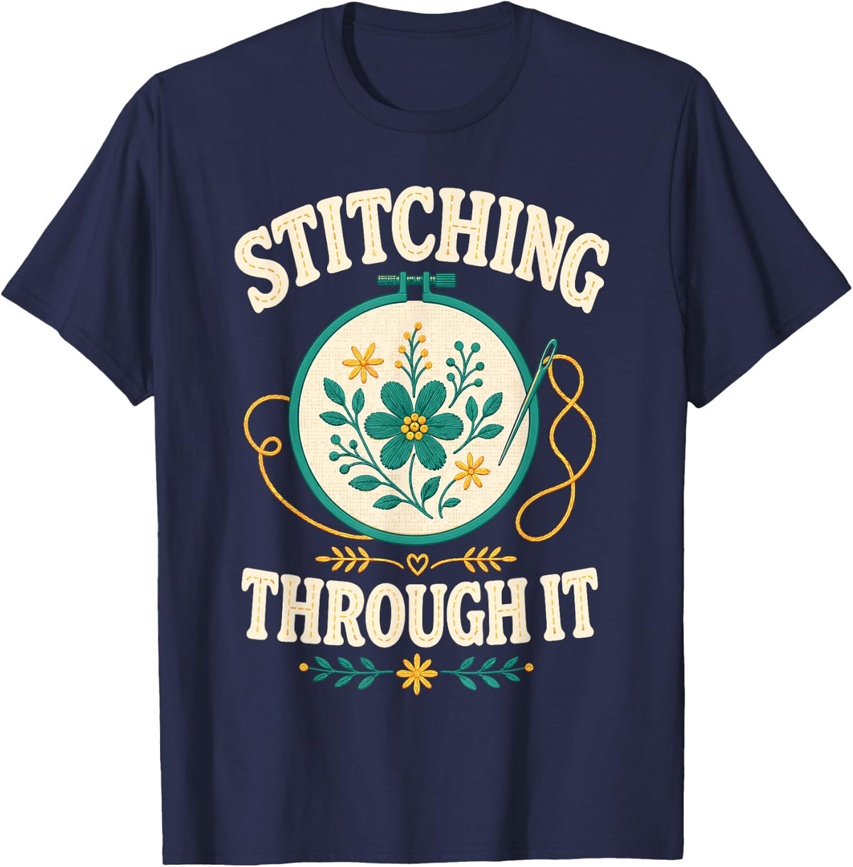 Stitching Through It Needlework Floral Hoop T-Shirt - Navy Blue