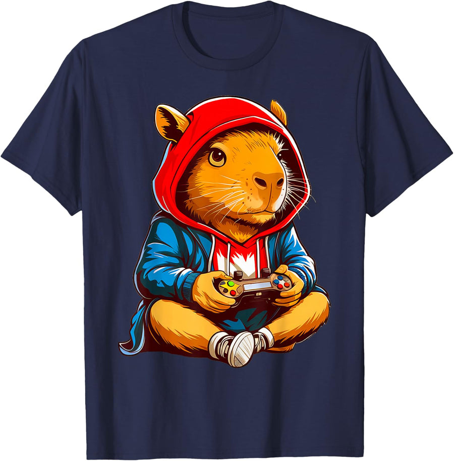 Capybara Video Games Funny Gaming Capy Men Teen Boys Kids T-Shirt - Navy Blue