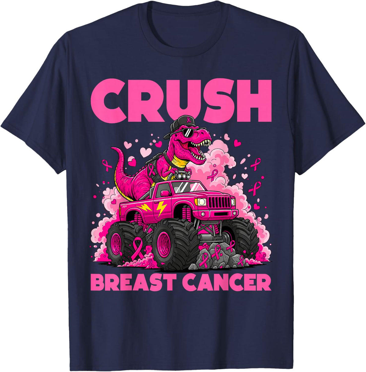 Crush Breast Cancer Dinosaur Monster Truck Pink Ribbon Boy T-Shirt - Navy Blue