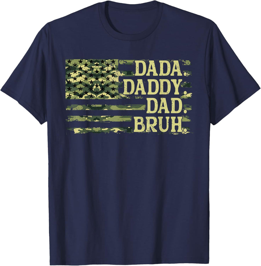 Dada Daddy Dad Bruh Camo American Flag Funny Father's Day T-Shirt - Navy Blue