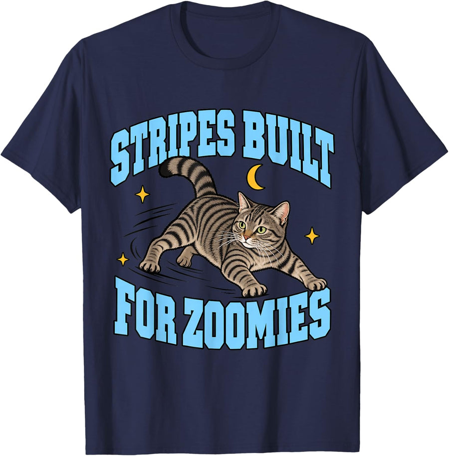 Tabby Cat Stripes Built for Zoomies Kitten Funny Feline T-Shirt - Navy Blue