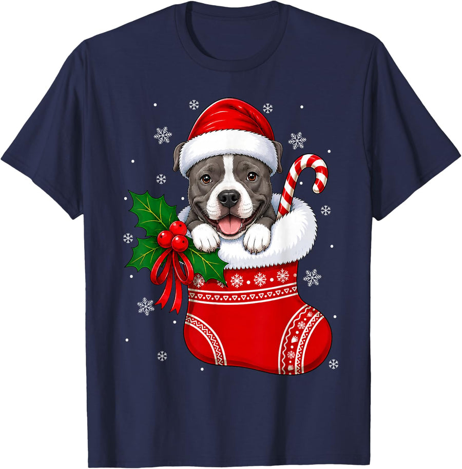 American Staffordshire Terrier Dog Christmas Stocking Xmas T-Shirt - Navy Blue