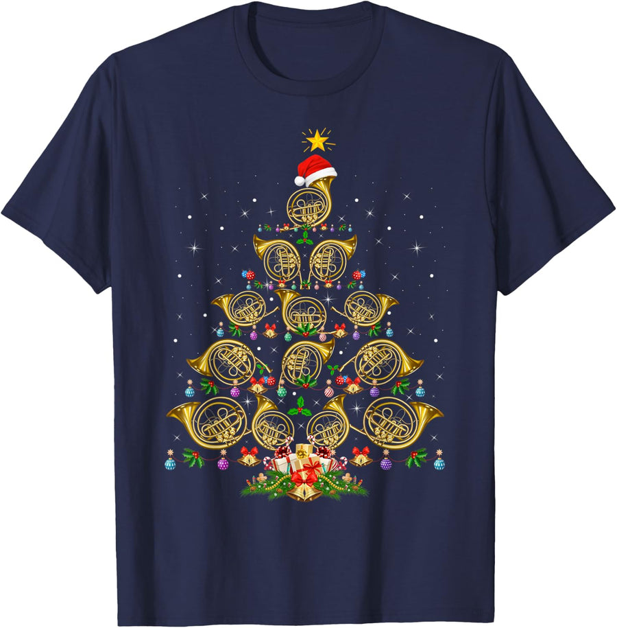 French Horn Lover Christmas Lighting French Horn Xmas Tree T-Shirt - Navy Blue
