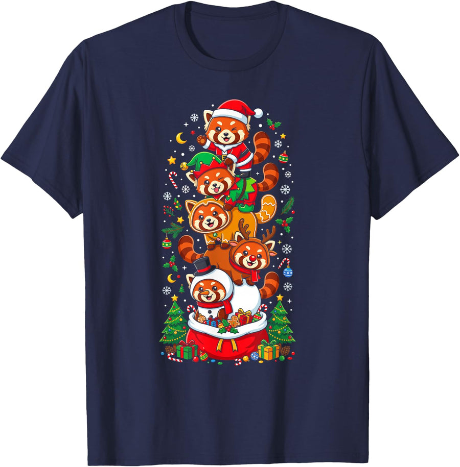 Funny Christmas Red Panda Santa Elf Snowman Womens Mens Kids T-Shirt - Navy Blue