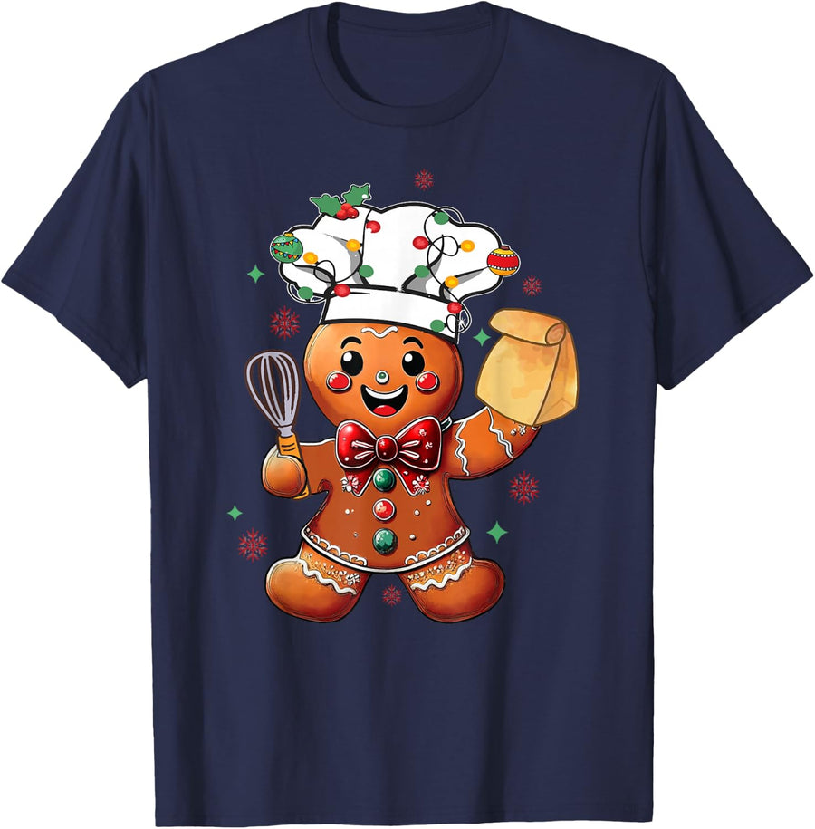 Cute Gingerbread Man Baker Funny Christmas Chef Bake Cookies T-Shirt - Navy Blue