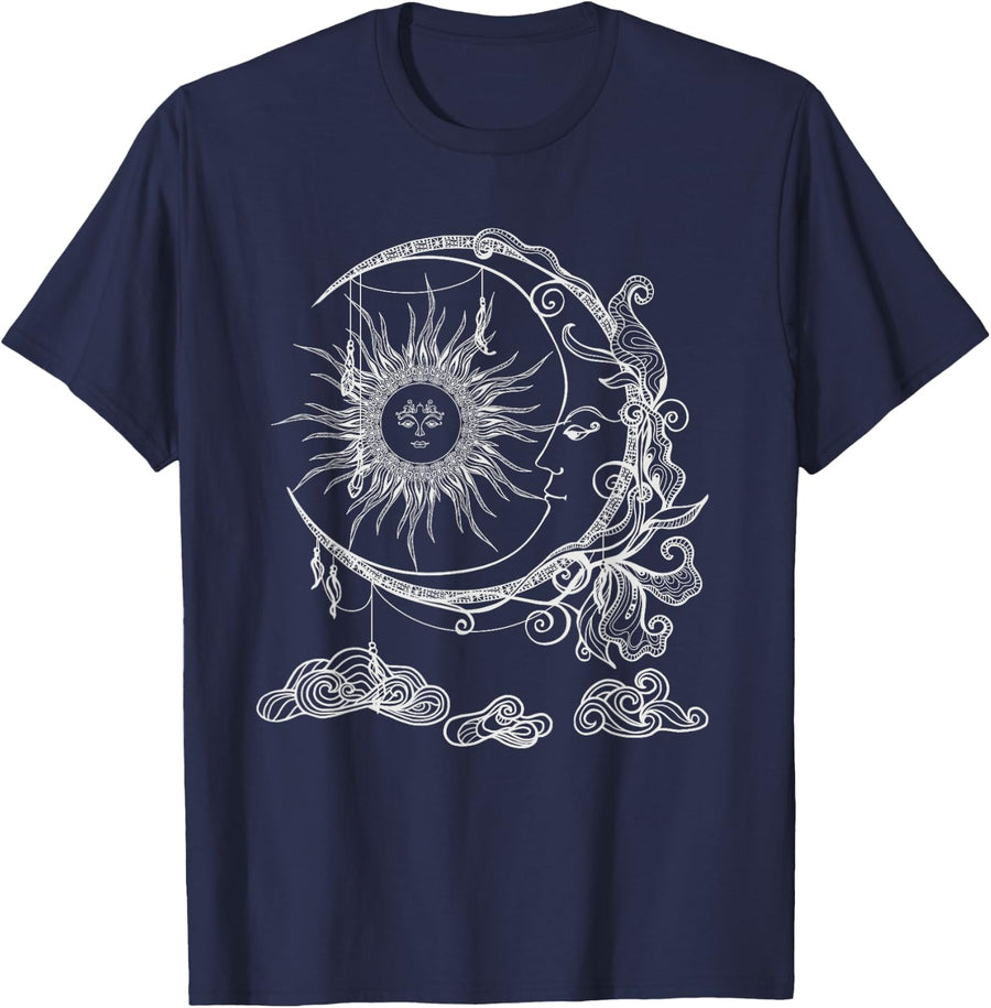 Space Celestial Bodies Sun Moon Boho Luna Solar Astronomy T-Shirt - Navy Blue