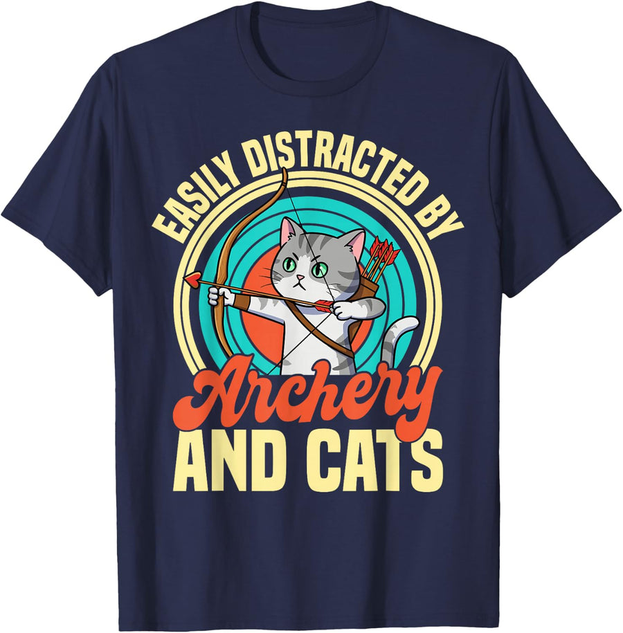 Funny Cat Art Easily Distracted By Archery And Cats T-Shirt - Navy Blue