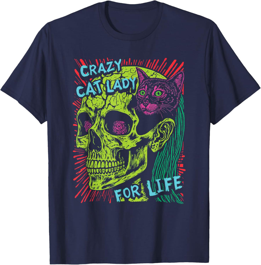 Crazy Cat Lady For Life Goth Punk Grunge Cat With Skull T-Shirt - Navy Blue