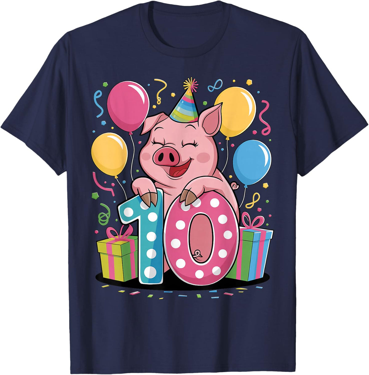 Pig 10th birthday for boy girl 10 years old tenth ten Pig T-Shirt - Navy Blue