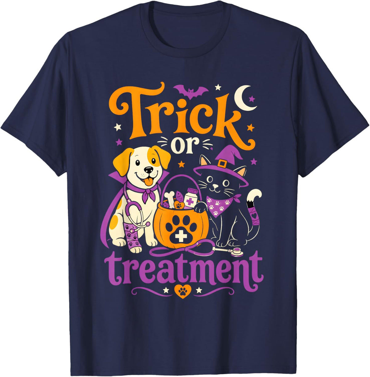 Veterinary Halloween Veterinarian Vet Tech Trick Treatment T-Shirt - Navy Blue