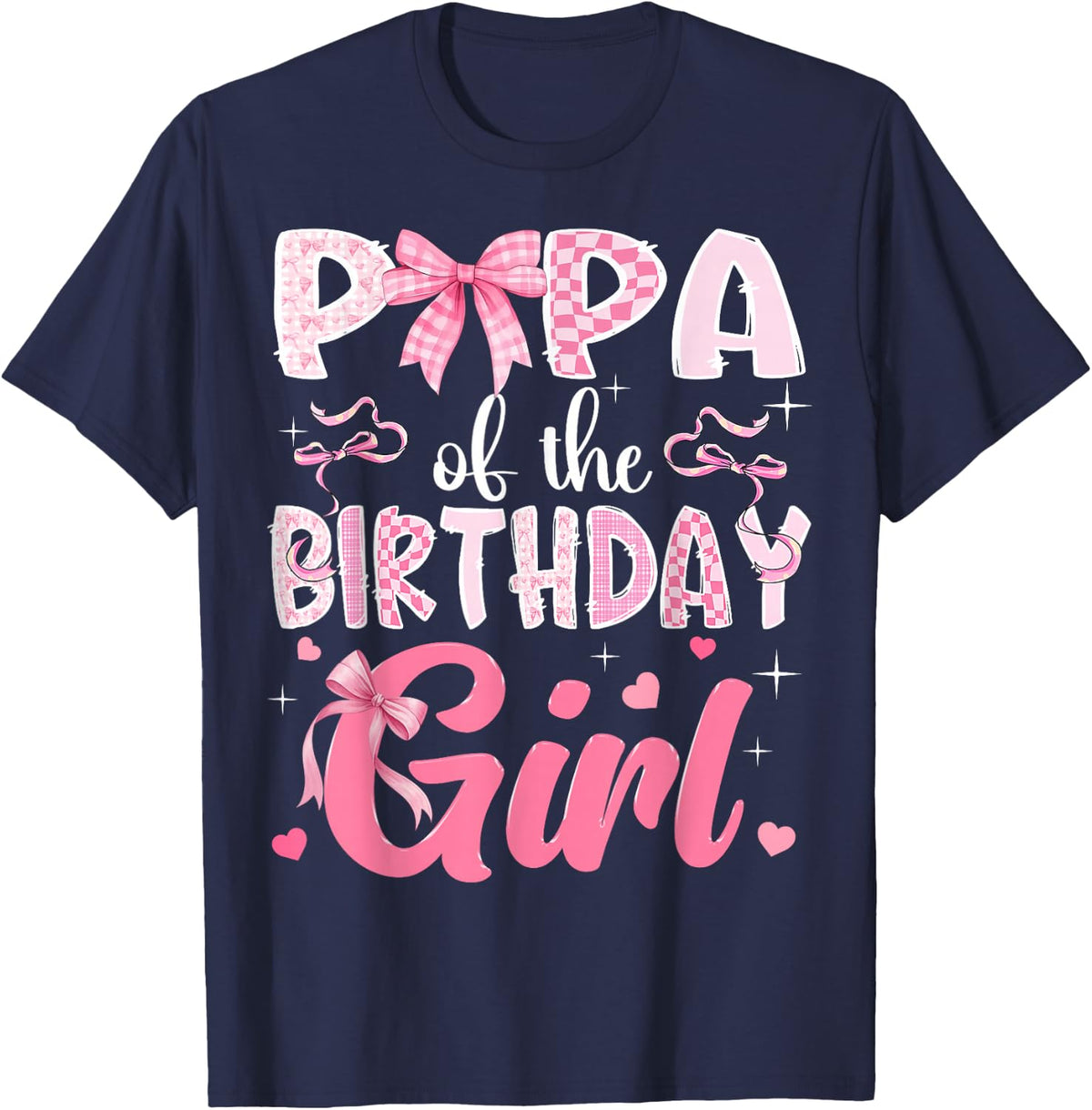 Papa of The Birthday Girl Pink Coquette Bow Family T-Shirt - Navy Blue
