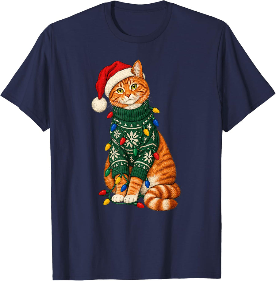 Christmas Tabby Cat Santa Hat Holiday Lights T-Shirt - Navy Blue