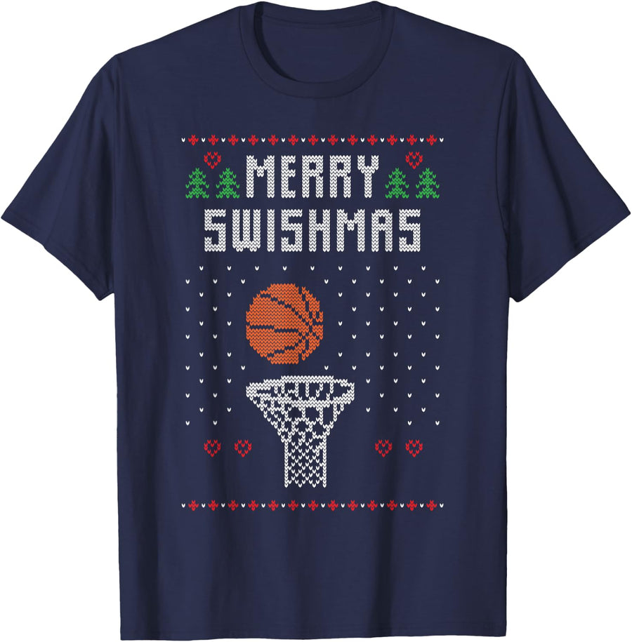 Merry Swishmas Ugly Christmas Basketball Player Christmas T-Shirt - Navy Blue