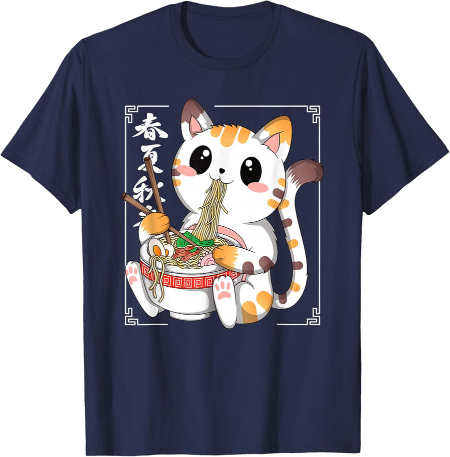 Funny Japanese Anime Cat Ramen Noodles Manga Kawaii Men Boys T-Shirt - Navy Blue