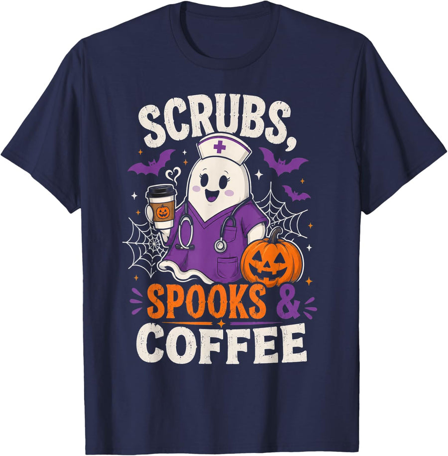 RN Nurse Halloween Boo Ghost Scrubs & Coffee Lover Retro T-Shirt - Navy Blue