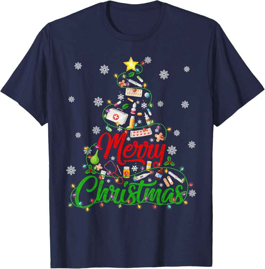 Xmas Festive RN ED Nurse Stethoscope Christmas Tree Lights T-Shirt - Navy Blue