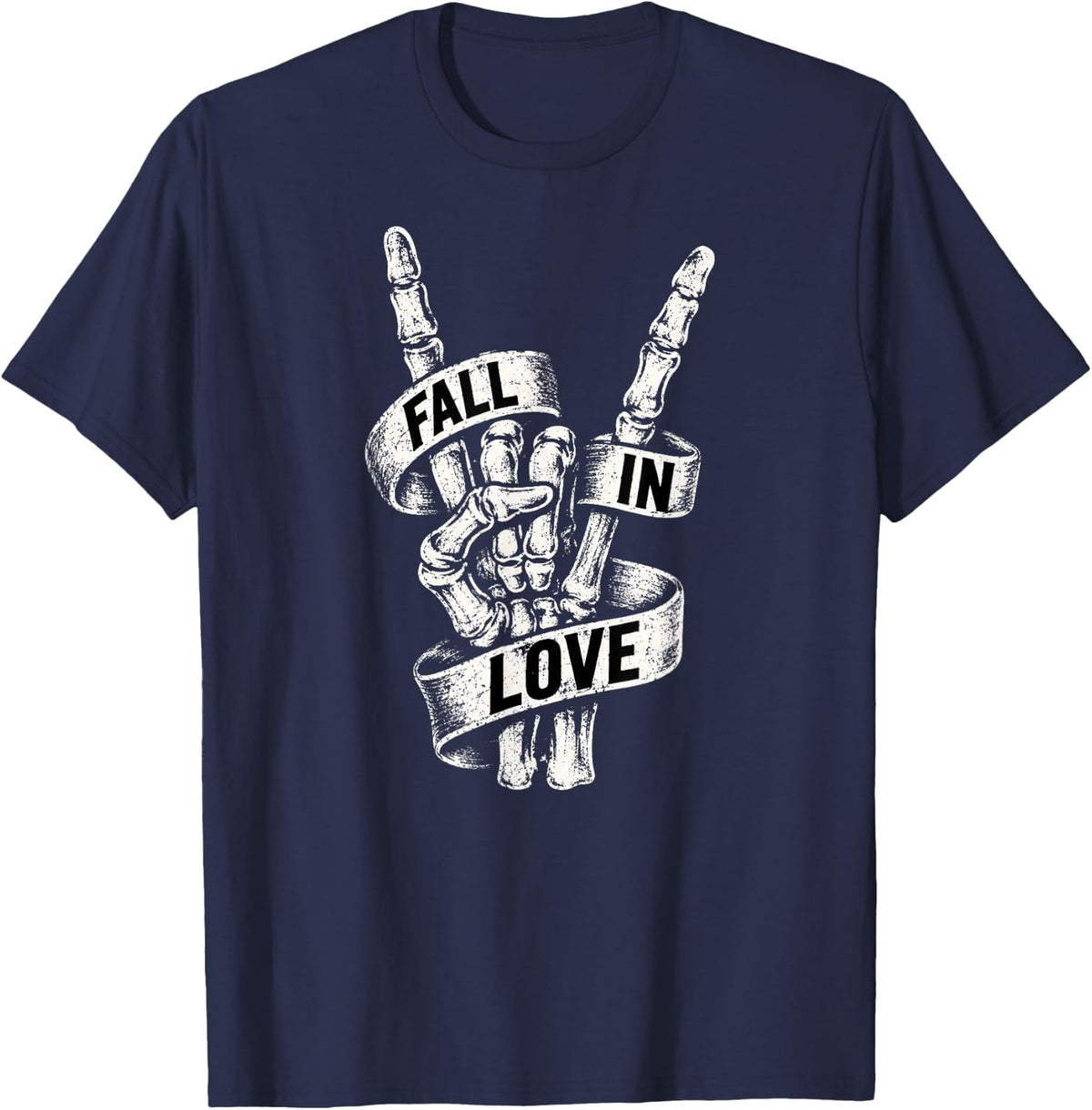 Fall in Love Skeleton Hand Rock On Halloween Design T-Shirt - Navy Blue