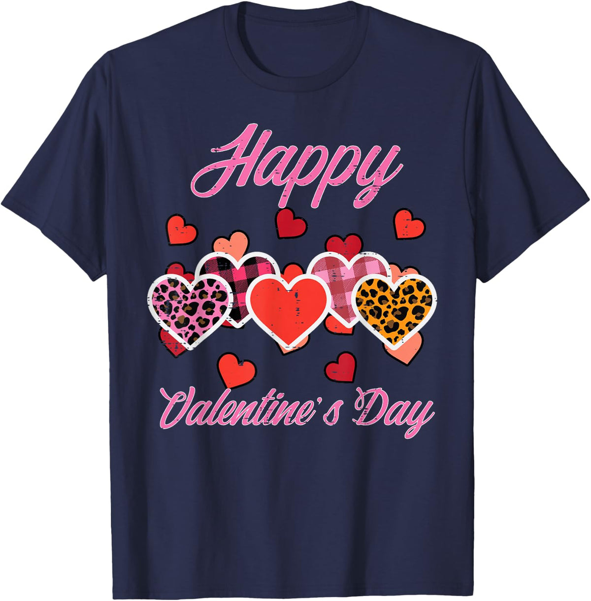 Happy Valentines Day Leopard Plaid Hearts Women Girls Kids T-Shirt - Navy Blue