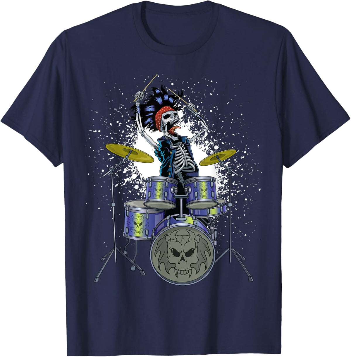 Skeleton Drummer Skull Drums Cool Percussion Drum Sticks T-Shirt - Navy Blue