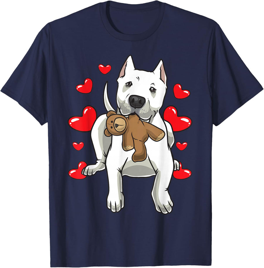 Dogo Argentino Dog With Stuffed Animal And Hearts T-Shirt - Navy Blue
