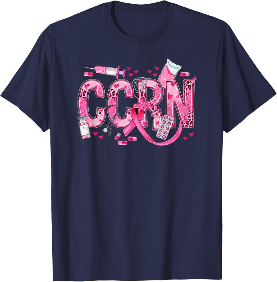 CCRN Nurse Leopard Skin Breast Cancer Awareness Pink Ribbon T-Shirt - Navy Blue