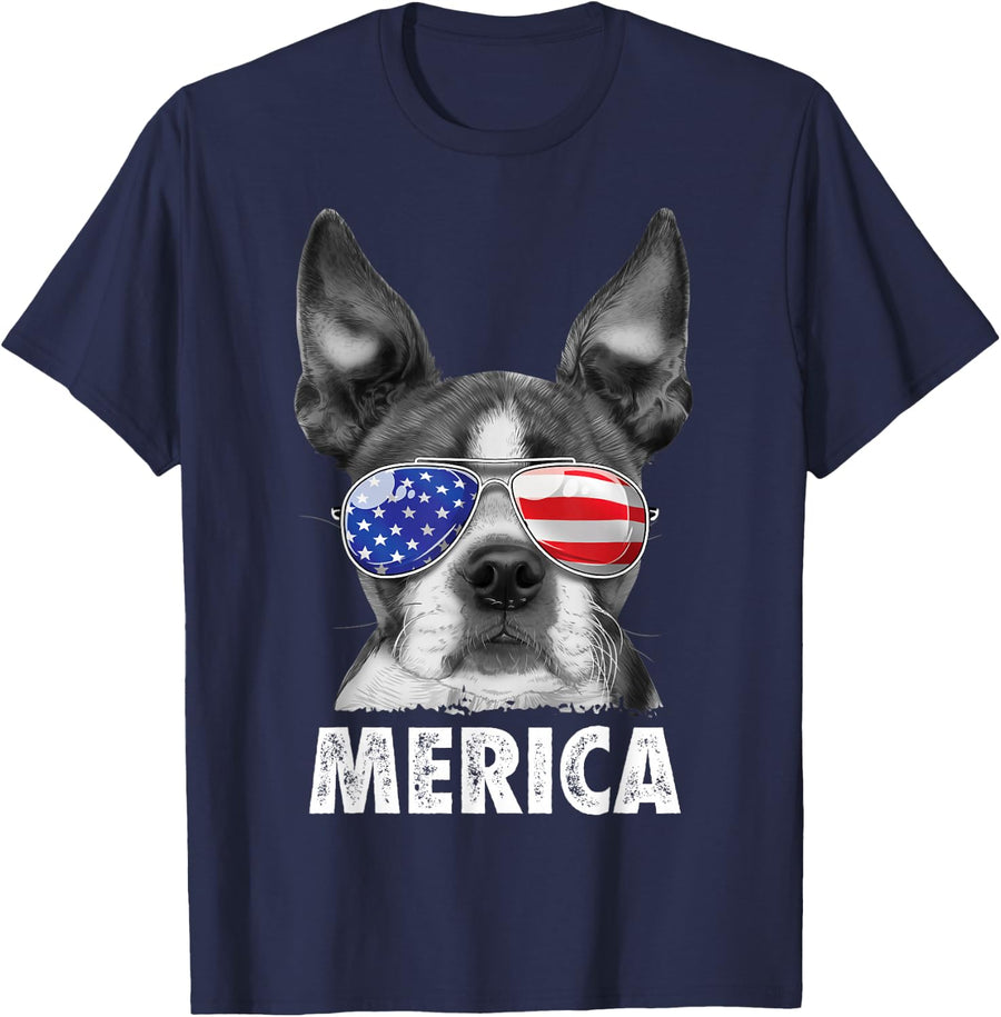 Boston Terrier 4th of July Merica Men Women USA Flag Vintage T-Shirt - Navy Blue