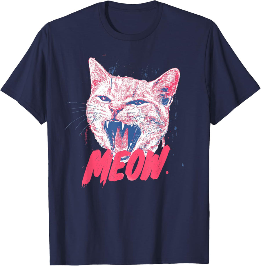 Funny Yelling Cat Meow Punk Rock Art Sassy Feline T-Shirt - Navy Blue