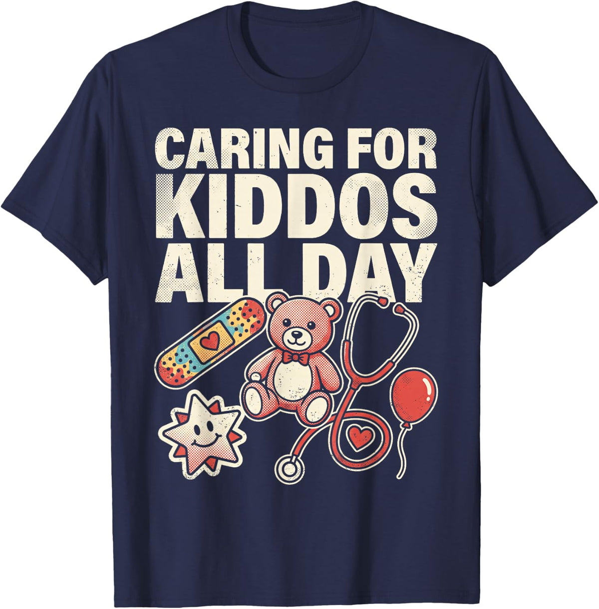 Caring for Kiddos All Day Pediatric Nurse Bootleg T-Shirt - Navy Blue