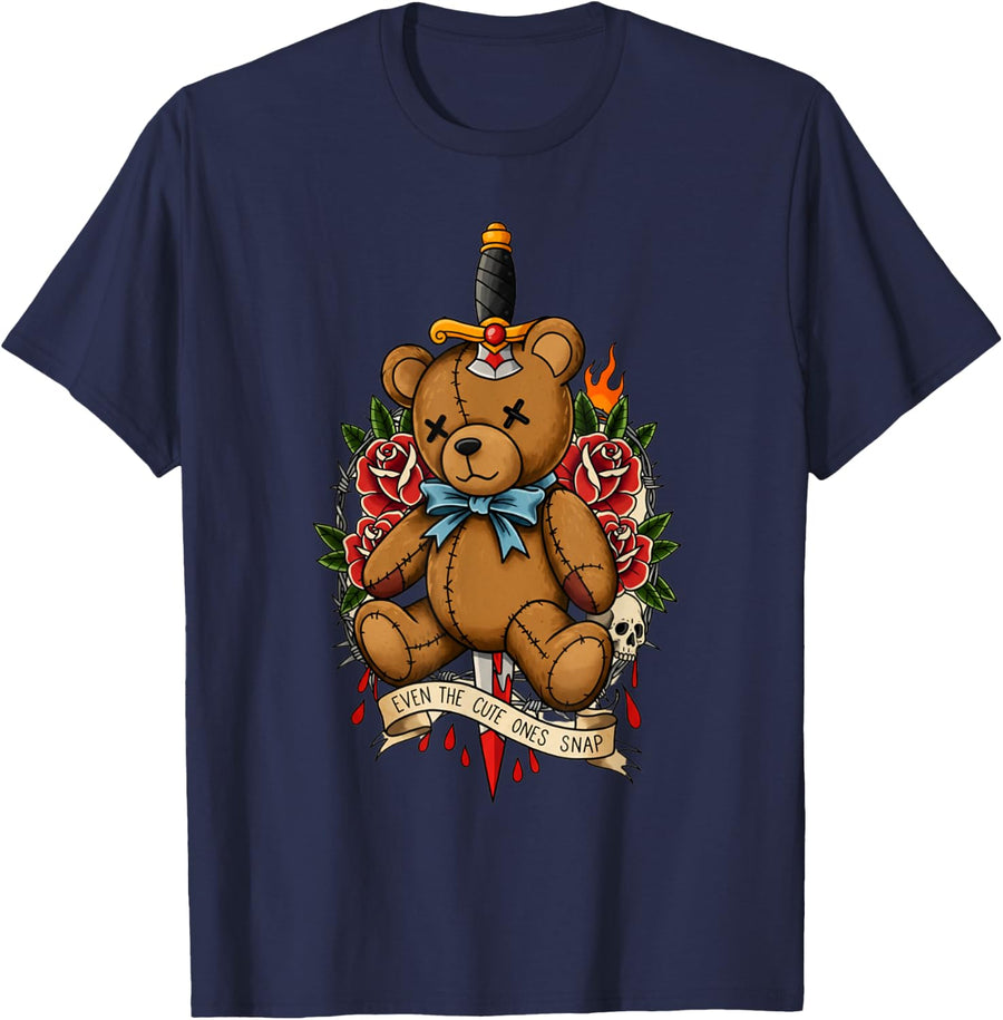 Even The Cute Ones Snap Edgy Teddy Design Bear T-Shirt - Navy Blue