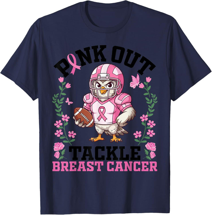 Pink Out Tackle Breast Cancer Owl Football Player Support T-Shirt - Navy Blue