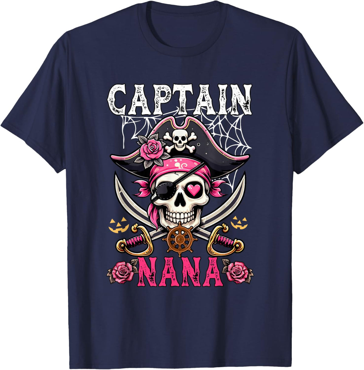 Captain Nana Halloween Skull As Pirate Floral Cute Women T-Shirt - Navy Blue