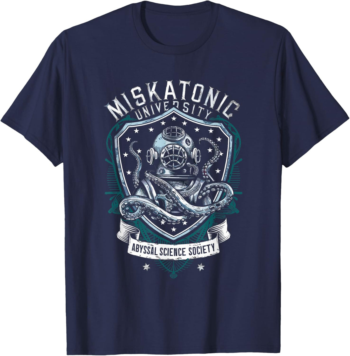 Miskatonic University Abyssal Science Society Nautic Cthulhu T-Shirt - Navy Blue