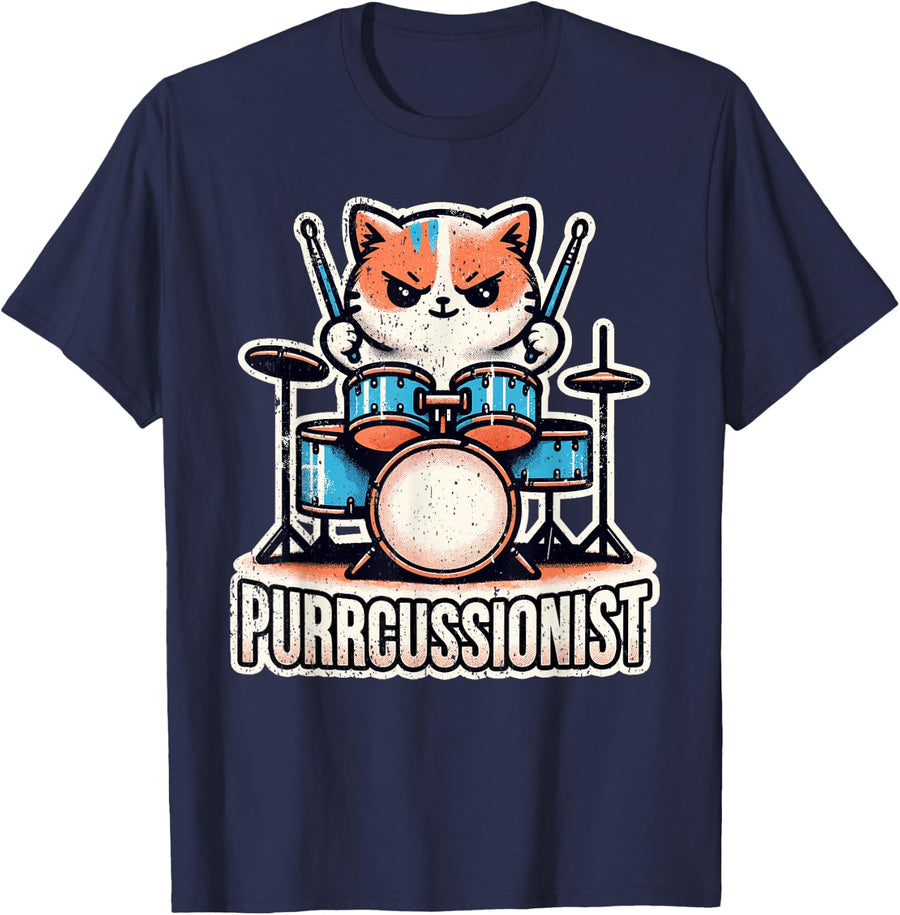 Drumming Cat Percussion Drums Percussionist Kitten Drummer T-Shirt - Navy Blue