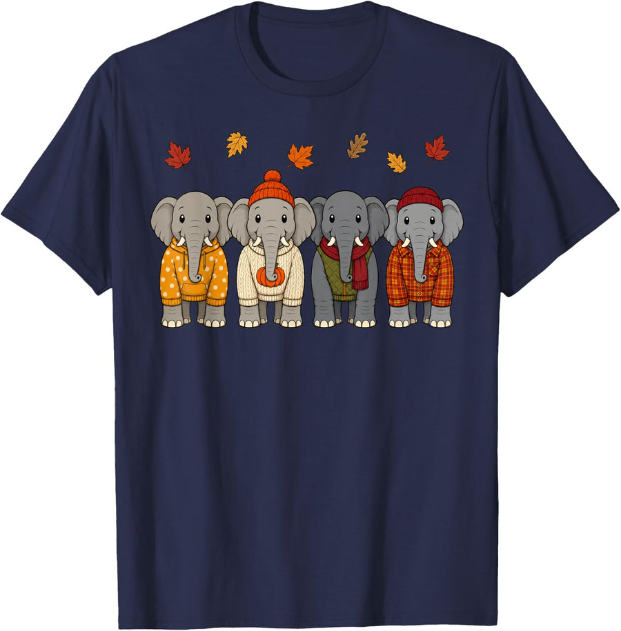 Elephant Fall Autumn Season Pumpkin Safari Animal T-Shirt - Navy Blue