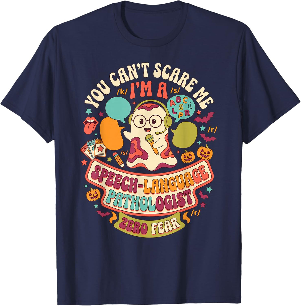 Funny Speech-Language Pathologist Halloween Spooky SLP T-Shirt - Navy Blue