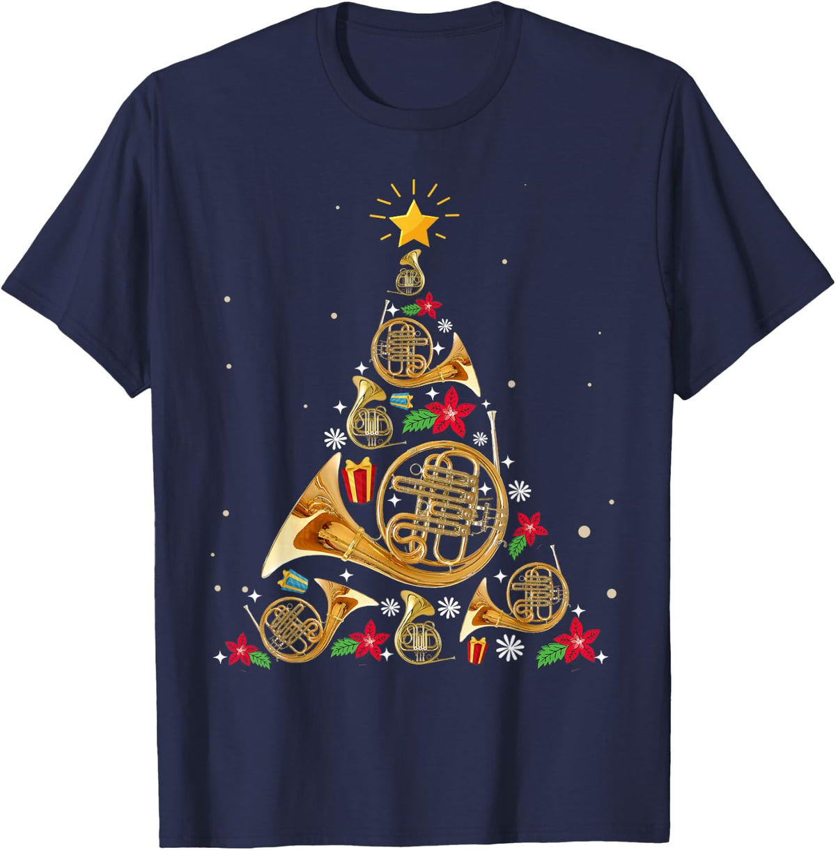French Horn Christmas Tree Shirt T-Shirt - Navy Blue