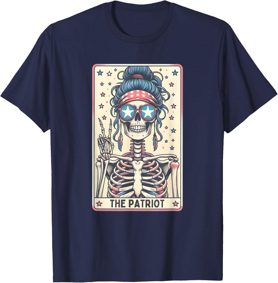 The Patriot 4th of July Tarot Card, Female Skeleton 4th July T-Shirt - Navy Blue