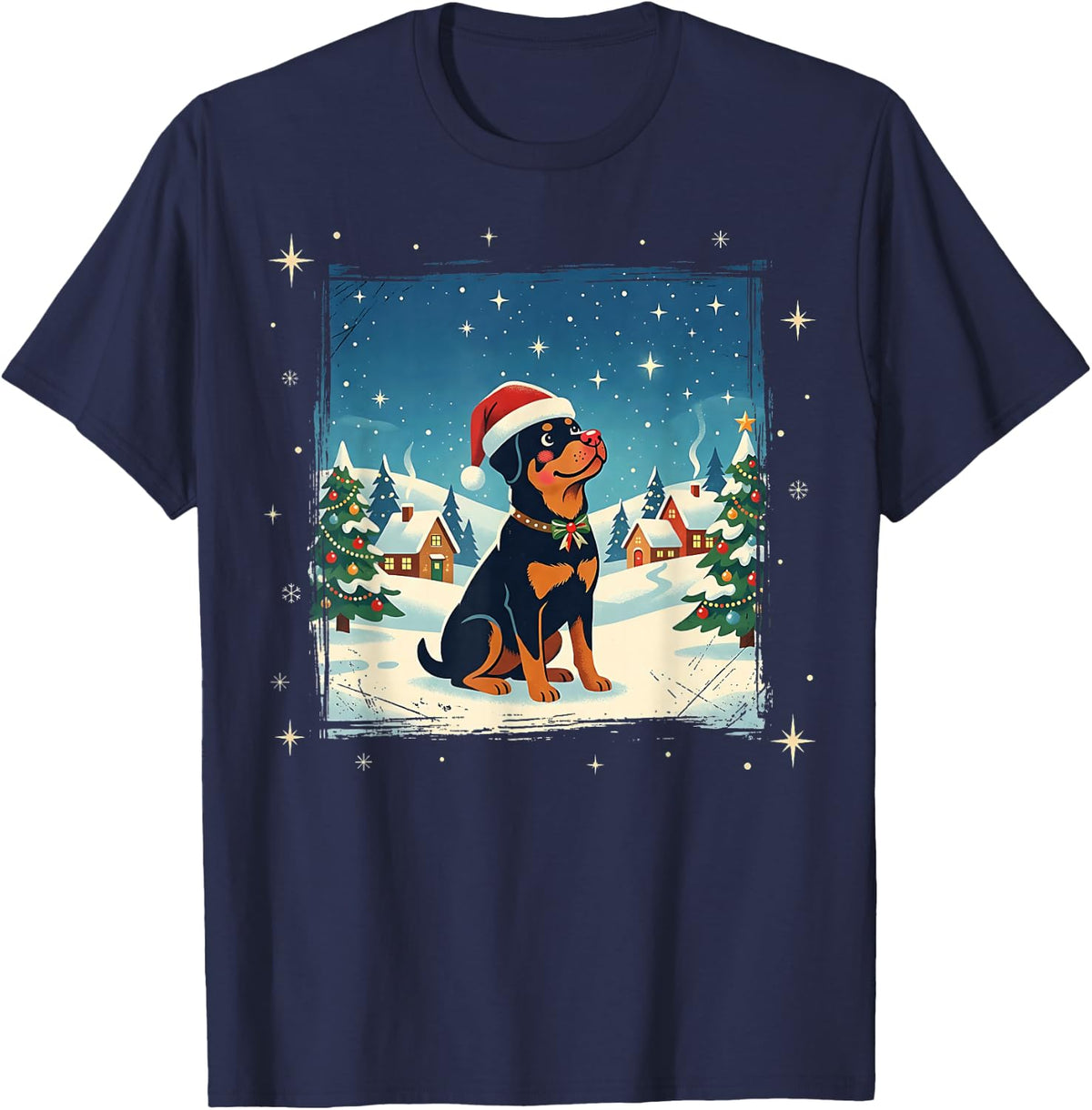 Rottweiler Rottie Santa Hat Rosy Cheeks Retro Winter Holiday T-Shirt - Navy Blue