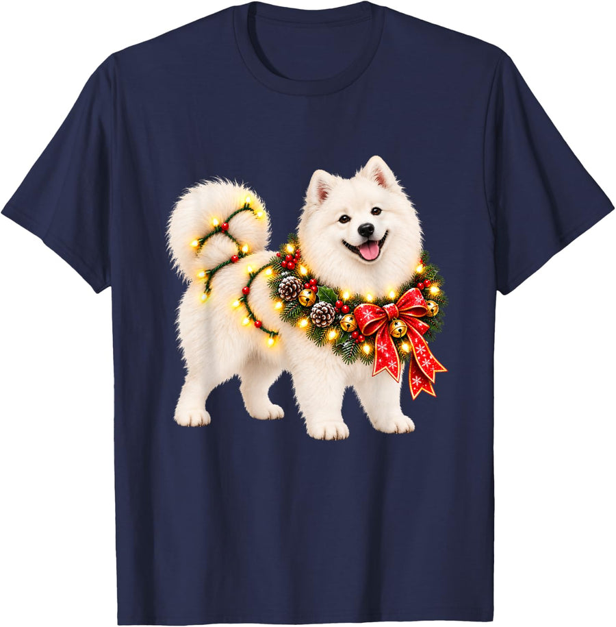 Samoyed Christmas Wreath Decoration Xmas Pajamas T-Shirt - Navy Blue