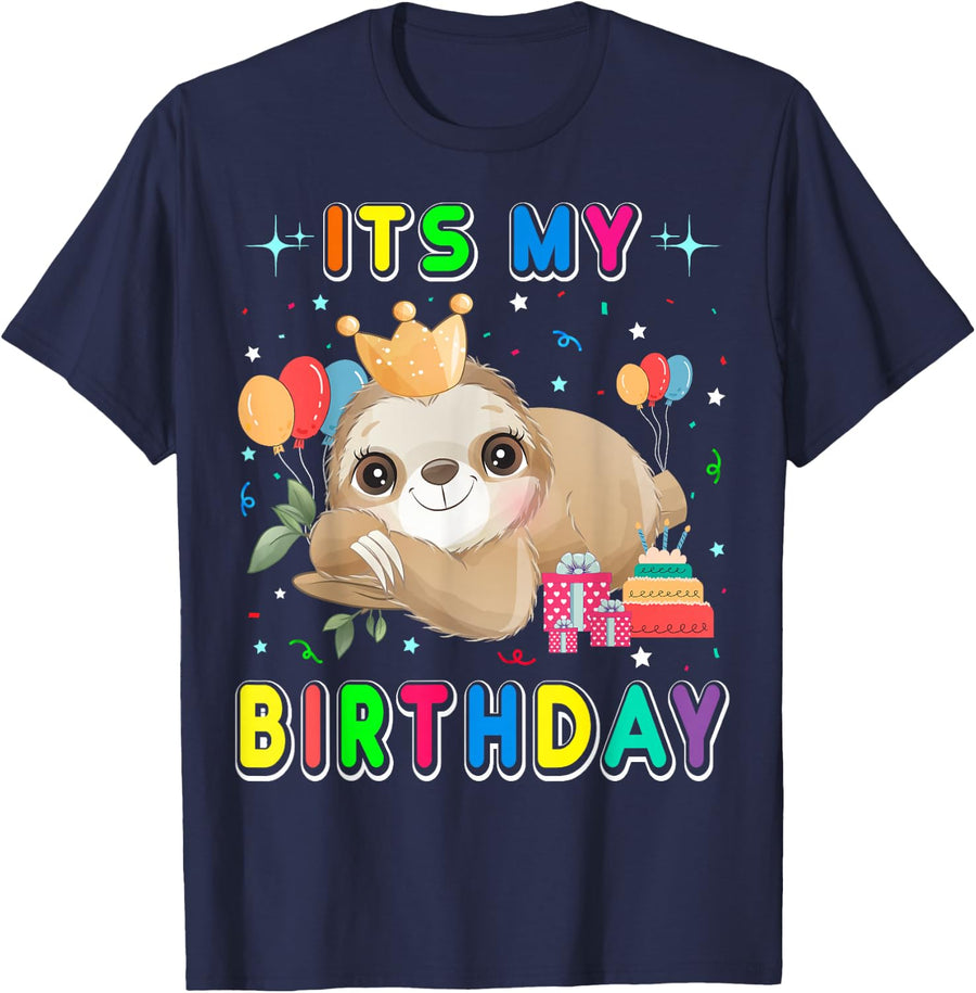 Its My Birthday Cute Sloth Birthday Party Costumes Outfit T-Shirt - Navy Blue