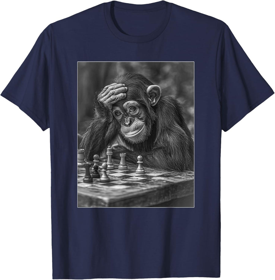 Funny Chimpanzee Playing Chess, Cool Monkey Chess Lover T-Shirt - Navy Blue