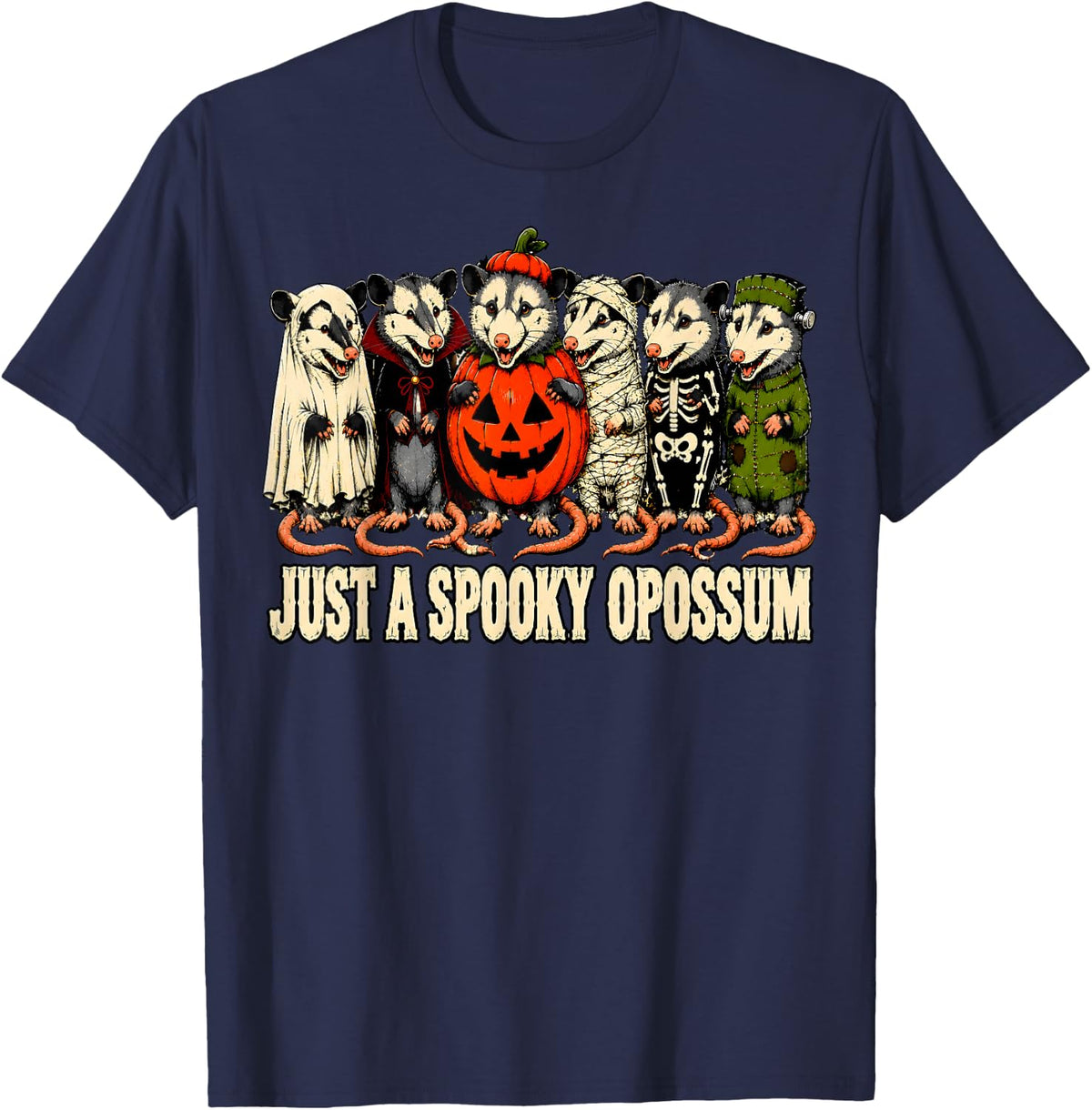 Just A Spooky Opossum Pumpkin Ghost Halloween T-Shirt - Navy Blue