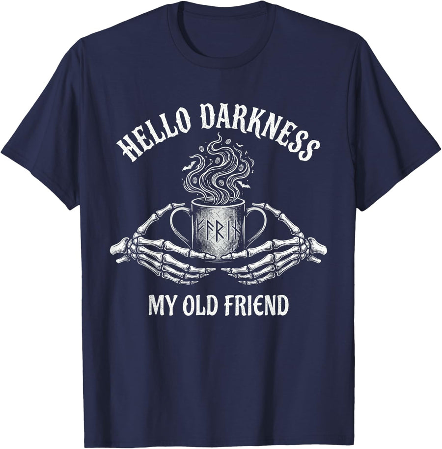 Hello Darkness My Old Friend Skeleton Hands Rune Coffee T-Shirt - Navy Blue