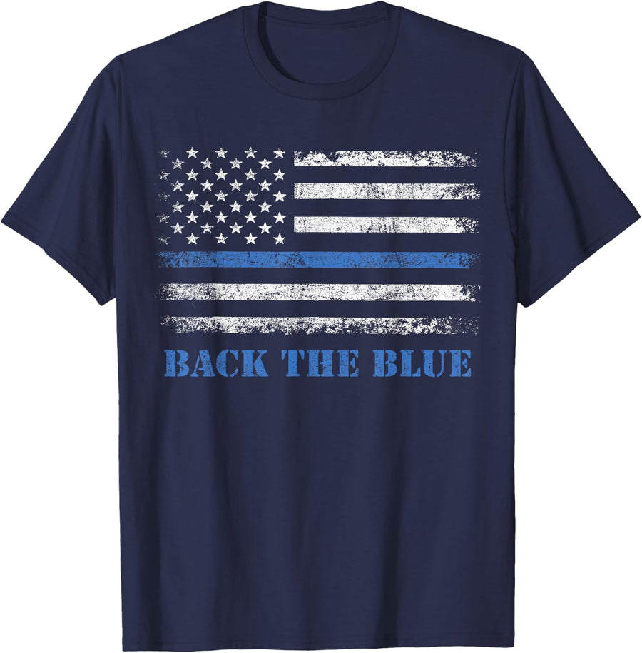 Back the Blue Thin Blue Line American Flag Police Support Tee T-Shirt for Men and Women - Navy Blue