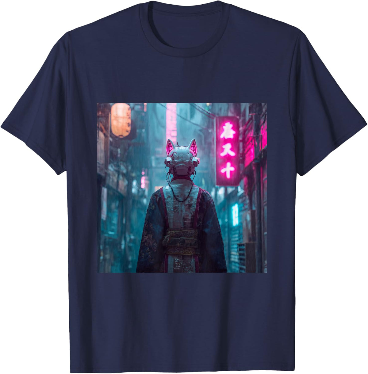 Cyberpunk Kitsune Japanese Streetwear Anime Rain T-Shirt - Navy Blue