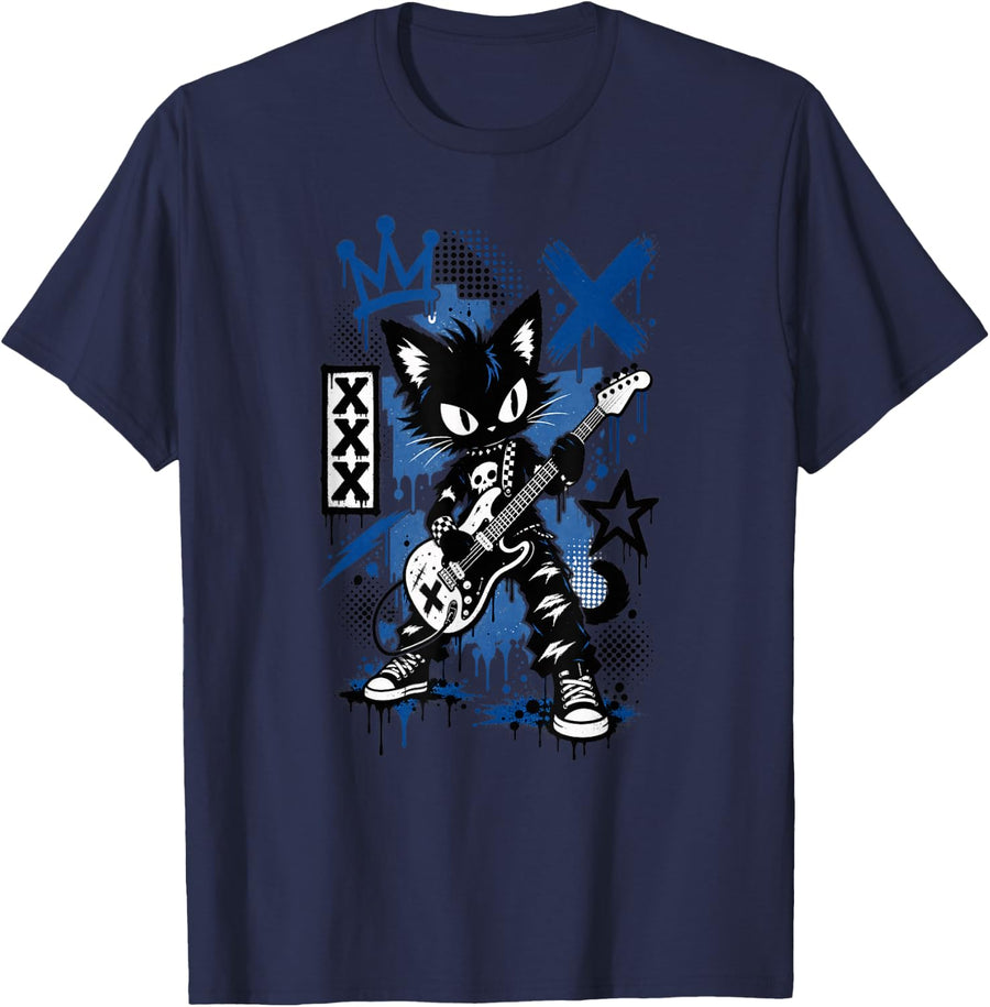 Punk Rock Cat Playing Electric Guitar XXX Street Art T-Shirt - Navy Blue