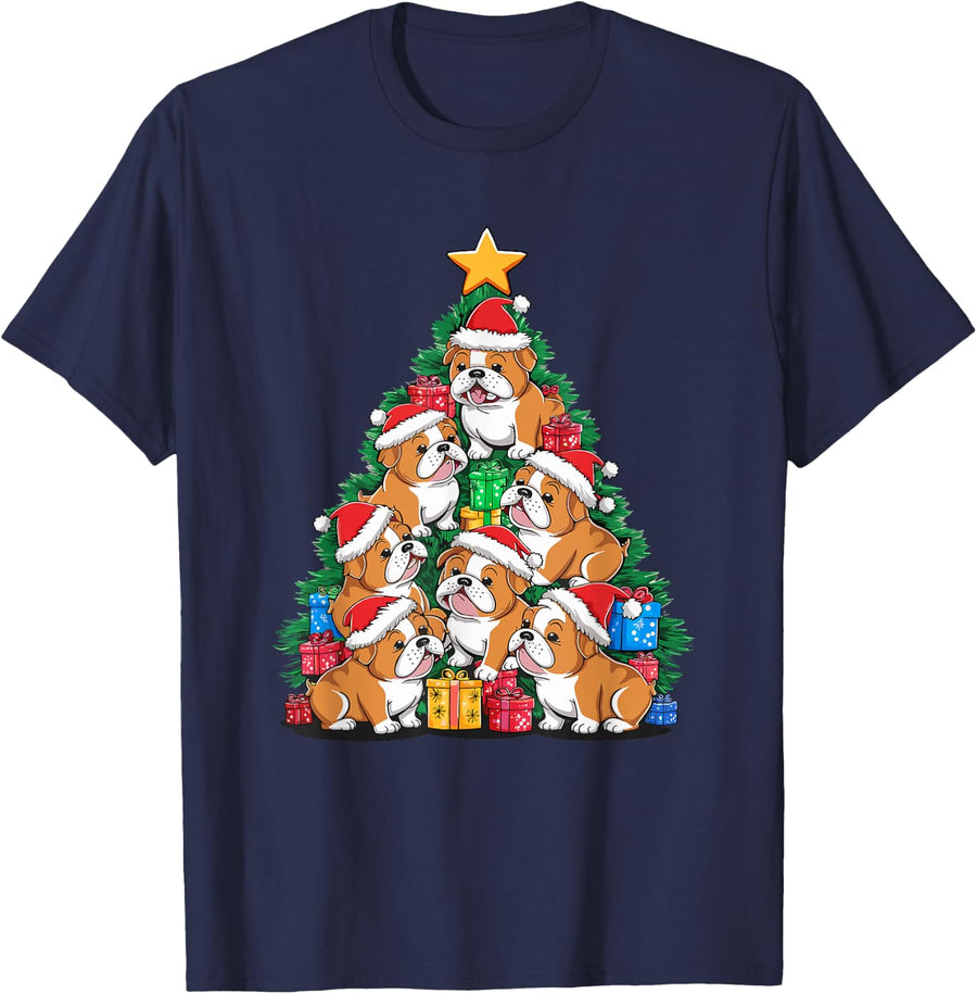 Christmas Tree English Bulldog Bulldogs T-Shirt - Navy Blue