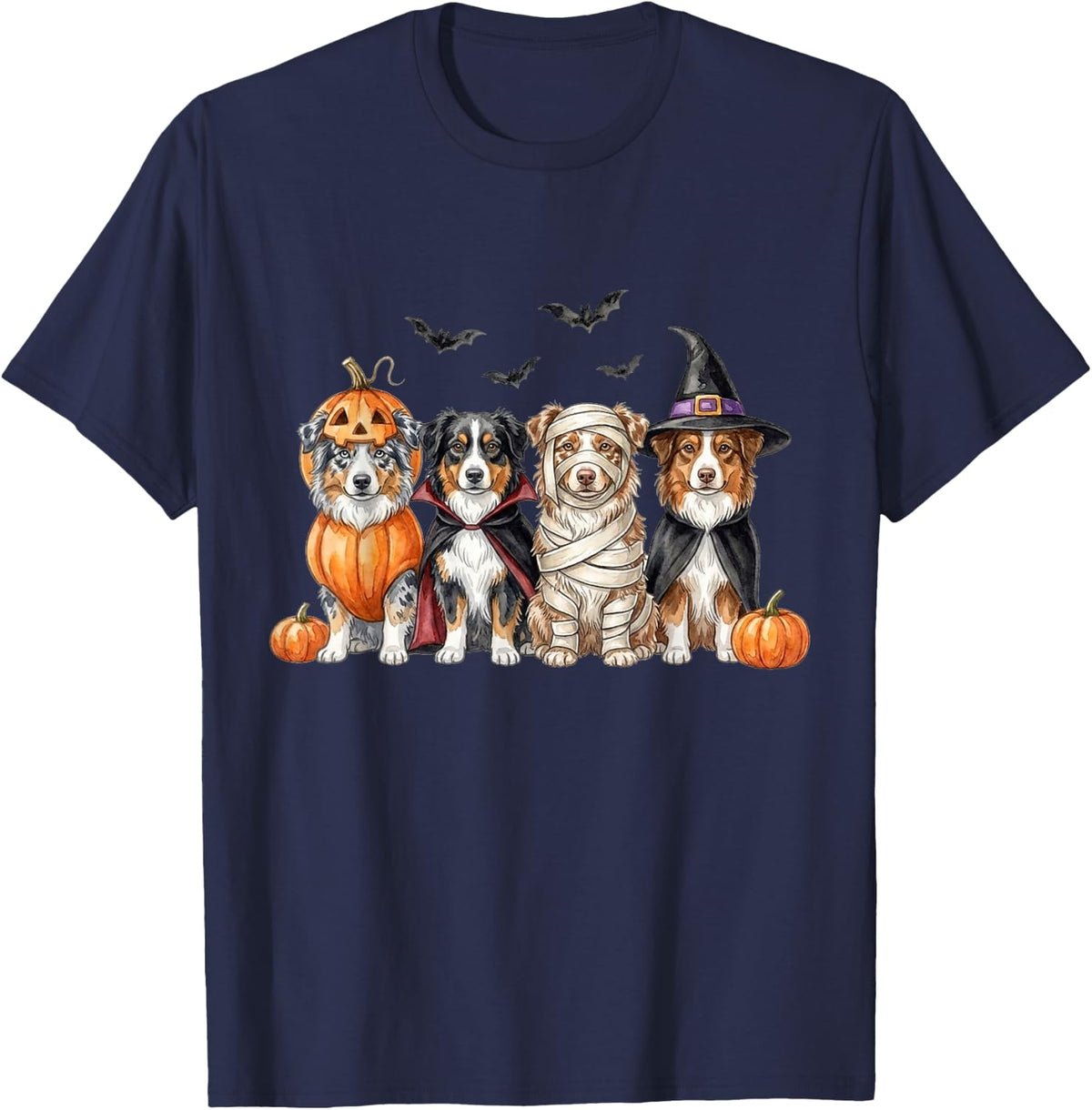 Halloween Australian Shepherd Squad Pumpkin Vampire Mummy T-Shirt - Navy Blue