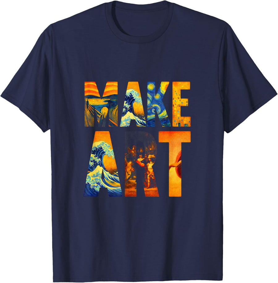 Make Art - Funny Famous Paintings Cool T-Shirt - Navy Blue
