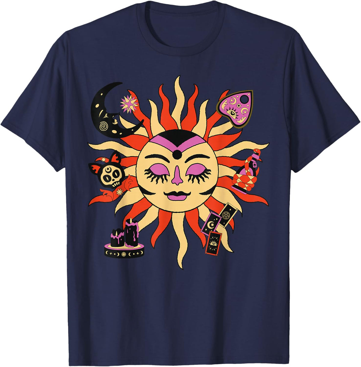 Celestial Sun Tarot Cards Mystical Moon Occult Aesthetic T-Shirt - Navy Blue